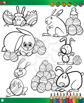 Happy Easter Themes Collection Set of Black and White Cartoon Illustrations with Bunnies and Eggs for Coloring Book