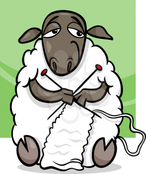 Cartoon Illustration of Funny Sheep Farm Animal Knitting