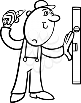 Black and White Cartoon Illustration of Worker with Level or Measure and Pencil doing Renovation for Coloring Book