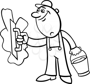 Black and White Cartoon Illustration of Worker or Mason with Trowel and Plaster or Cement doing Renovation for Coloring Book