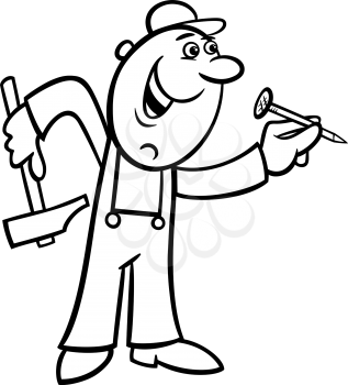 Black and White Cartoon Illustration of Worker with Hammer and Nail doing Renovation for Coloring Book