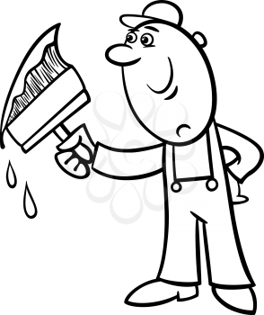 Black and White Cartoon Illustration of Worker with Big Brush painting a Wall and doing Renovation for Coloring Book