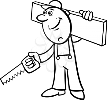 Black and White Cartoon Illustration of Worker with Saw and Plank doing Renovation for Coloring Book