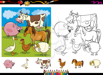 Cartoon Illustrations of Cute Farm Animals Characters Group for Coloring Book with Elements Set