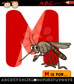 Cartoon Illustration of Capital Letter M from Alphabet with Mosquito for Children Education