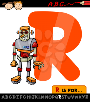 Cartoon Illustration of Capital Letter R from Alphabet with Robot for Children Education