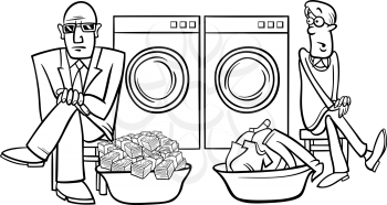 Black and White Cartoon Humor Concept Illustration of Money Laundering Saying or Proverb Coloring Book