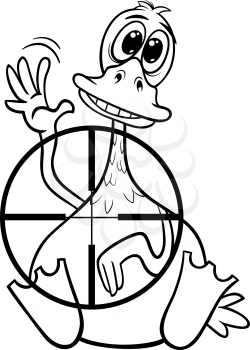 Black and White Cartoon Humor Concept Illustration of Sitting Duck Saying or Proverb for Coloring Book