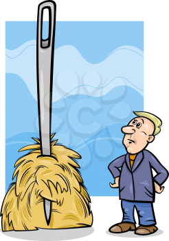 Cartoon Humor Concept Illustration of Needle in a Haystack Saying or Proverb
