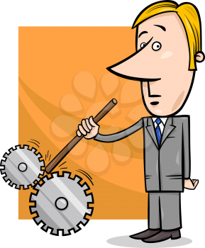 Concept Cartoon Illustration of Saboteur Man or Businessman putting stick in Cogs to Spoil a Machine