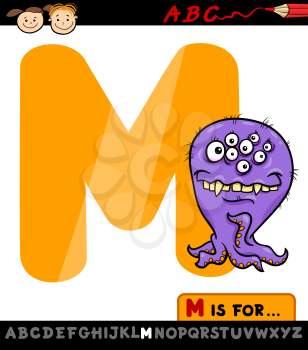 Cartoon Illustration of Capital Letter M from Alphabet with Monster for Children Education