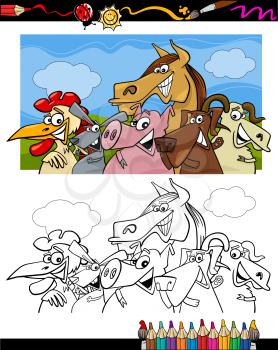 Coloring Book or Page Cartoon Illustration Set of Black and White Farm Animals Characters for Children