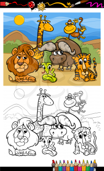Coloring Book or Page Cartoon Illustration of Scene with Wild Safari Animals Characters for Children