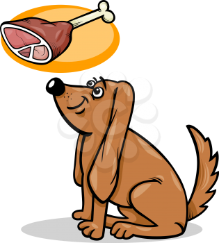 Cartoon Illustration of Cute Hungry Dog and Haunch with Bone