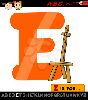 Cartoon Illustration of Capital Letter E from Alphabet with Easel for Children Education