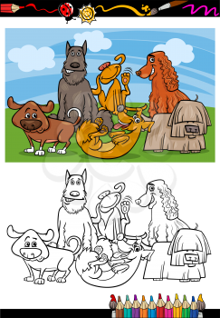 Coloring Book or Page Cartoon Illustration of Color and Black and White Dogs Group for Children