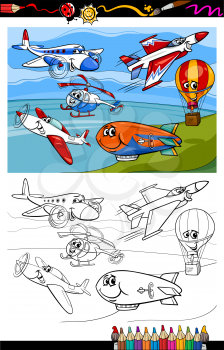 Coloring Book or Page Cartoon Illustration of Color and Black and White Planes and Aircraft Characters Group for Children