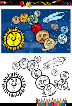 Coloring Book or Page Cartoon Illustration of Color and Black and White Solar System Planets Characters for Children