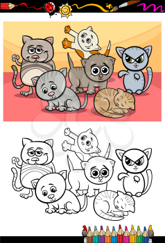Coloring Book or Page Cartoon Illustration of Color and Black and White Kittens or Cats Group for Children