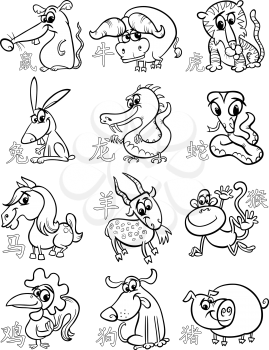Black and White Cartoon Illustration of All Chinese Zodiac Horoscope Signs Set