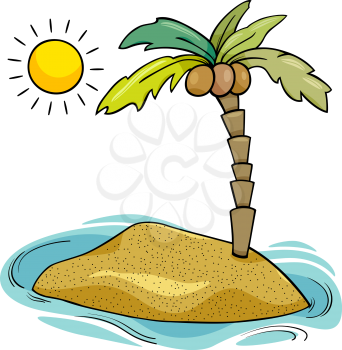 Cartoon Illustration of Desert Island with Coconut Palm