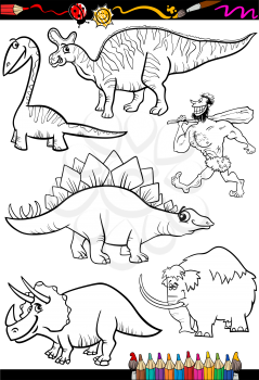 Coloring Book or Page Cartoon Illustration Set of Black and White Dinosaurs and Prehistoric Animals Characters for Children