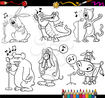 Coloring Book or Page Cartoon Illustration Set of Black and White Singing Animals and Pets Characters for Children