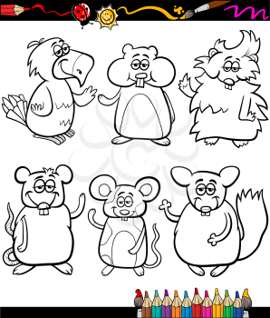 Coloring Book or Page Cartoon Illustration Set of Black and White Cute Pets Animals Characters for Children
