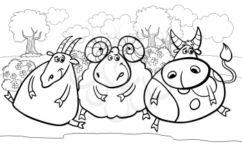Black and White Cartoon Illustration of Country Rural Scene with Farm Animals Goat and Bull and Ram Characters Group for Coloring Book
