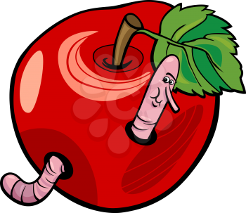Cartoon Illustration of Funny Worm in the Apple Fruit