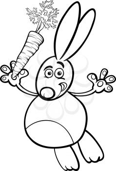 Black and White Cartoon Illustration of Happy Rabbit or Bunny with Carrot for Coloring Book