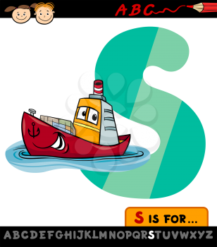Cartoon Illustration of Capital Letter S from Alphabet with Ship for Children Education