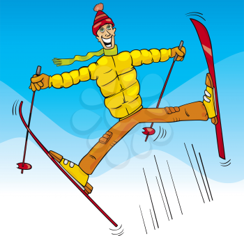 Cartoon Illustrations of Funny Man Jumping on Ski