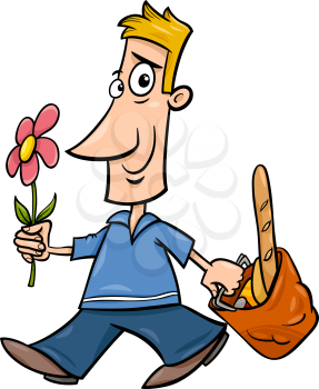 Cartoon illustration of Funny Man with Flower and Shopping