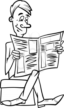 Black and White Cartoon illustration of Funny Man Reading a Newspaper for Coloring Book