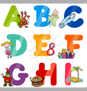 Cartoon Illustration of Funny Capital Letters Alphabet with Objects for Reading and Writing Education for Children from A to I