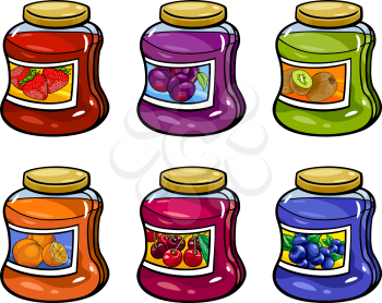 Cartoon Illustration of Various Fruit Jams in Jars Set