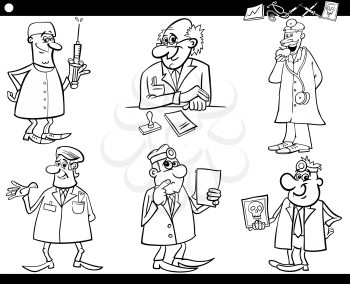 Black and White Cartoon Illustration of Funny Medical Staff Doctors Characters Set for Coloring Book