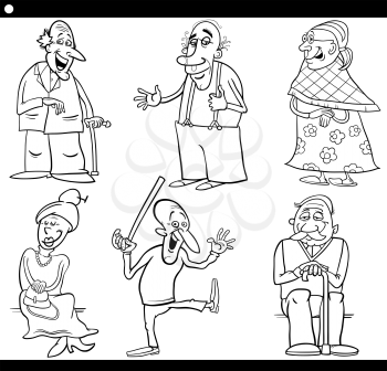 Black and White Cartoon Illustration Set of Elder Men and Women Seniors for Coloring Book