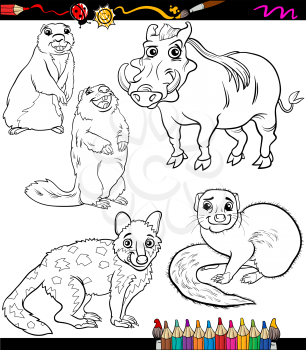 Coloring Book or Page Cartoon Illustration of Black and White Wild Animals Characters for Children