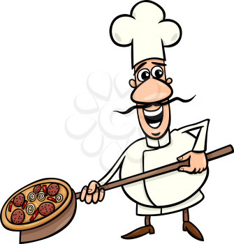 Cartoon Illustration of Funny Italian Cook or Chef with Pizza