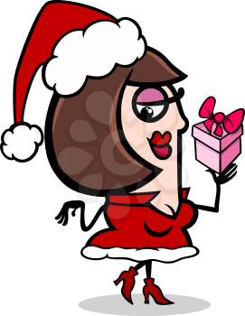 Cartoon Illustration of Cute Woman Santa Claus Character with Christmas Present