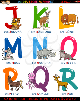 Cartoon Illustration of Colorful German or Deutsch Alphabet Set with Funny Animals from Letter J to R