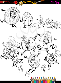Coloring Book or Page Cartoon Illustration of Black and White Funny Fruits Set for Children