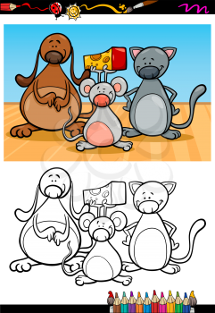 Coloring Book or Page Cartoon Illustration of Black and White Funny Home Pets Characters for Children