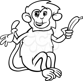 Black and White Cartoon Illustration of Cute Monkey with Banana for Coloring Book