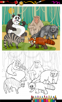 Coloring Book or Page Cartoon Illustration of Black and White Funny Asian Animals Group for Children