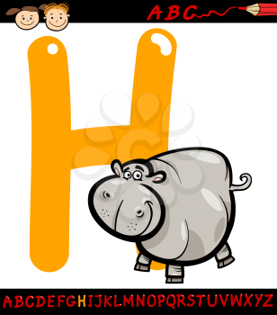 Cartoon Illustration of Capital Letter H from Alphabet with Hippopotamus or Hippo Animal for Children Education