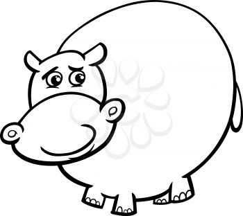 Black and White Cartoon Illustration of Funny Hippo or Hippopotamus Wild Animal for Coloring Book