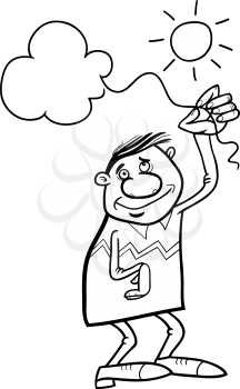 Black and White Cartoon Illustration of Happy Man with Cloud on a String for Coloring Book